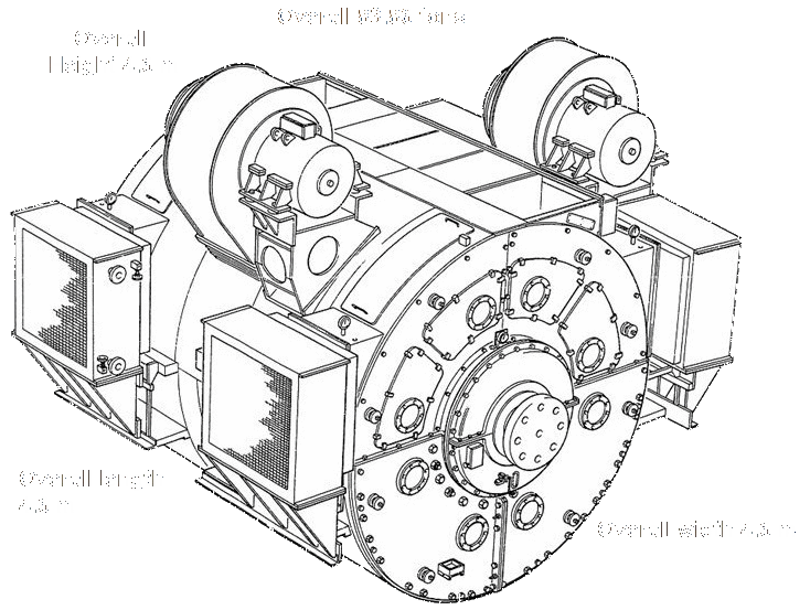 Fig 1b. Victoria Class dual armature motor showing the cooling fans and heat exchangers. Not shown are the electric motor driven lubrication pumps to force a film of oil under the journal bearings before starting, as is the normal practice in machines of this size. Built by GEC, UK.